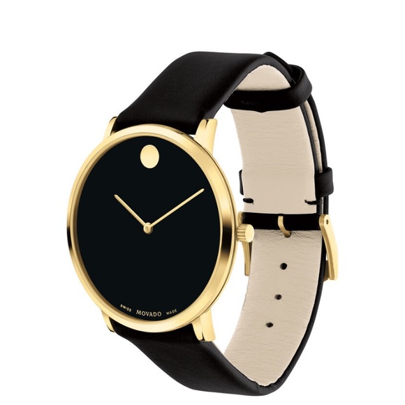 Movado watch 38 mm band smooth black leather strap - Picture 3 of 6